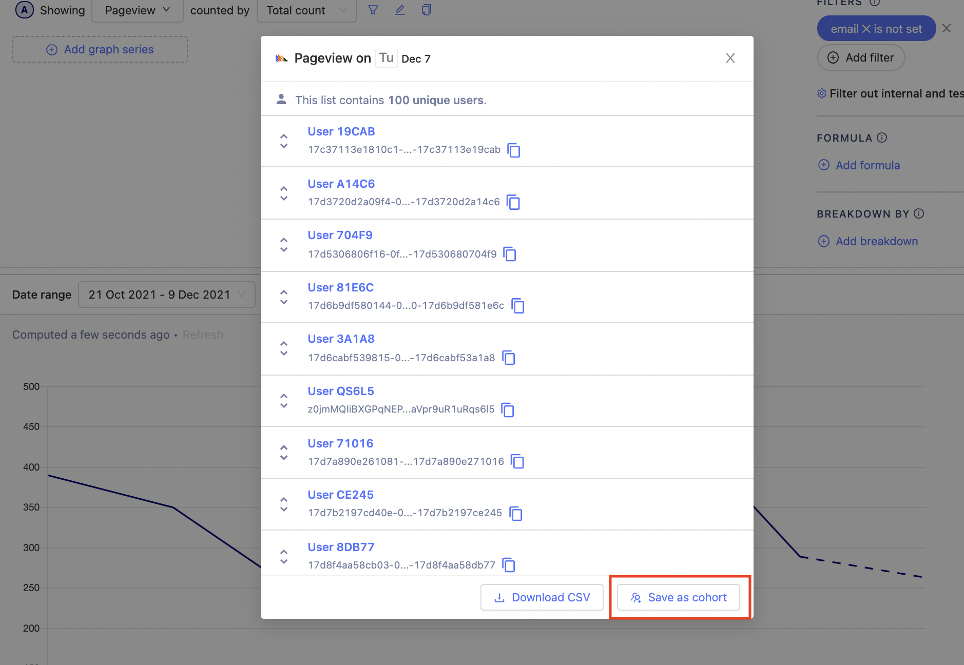 create cohort from trend modal